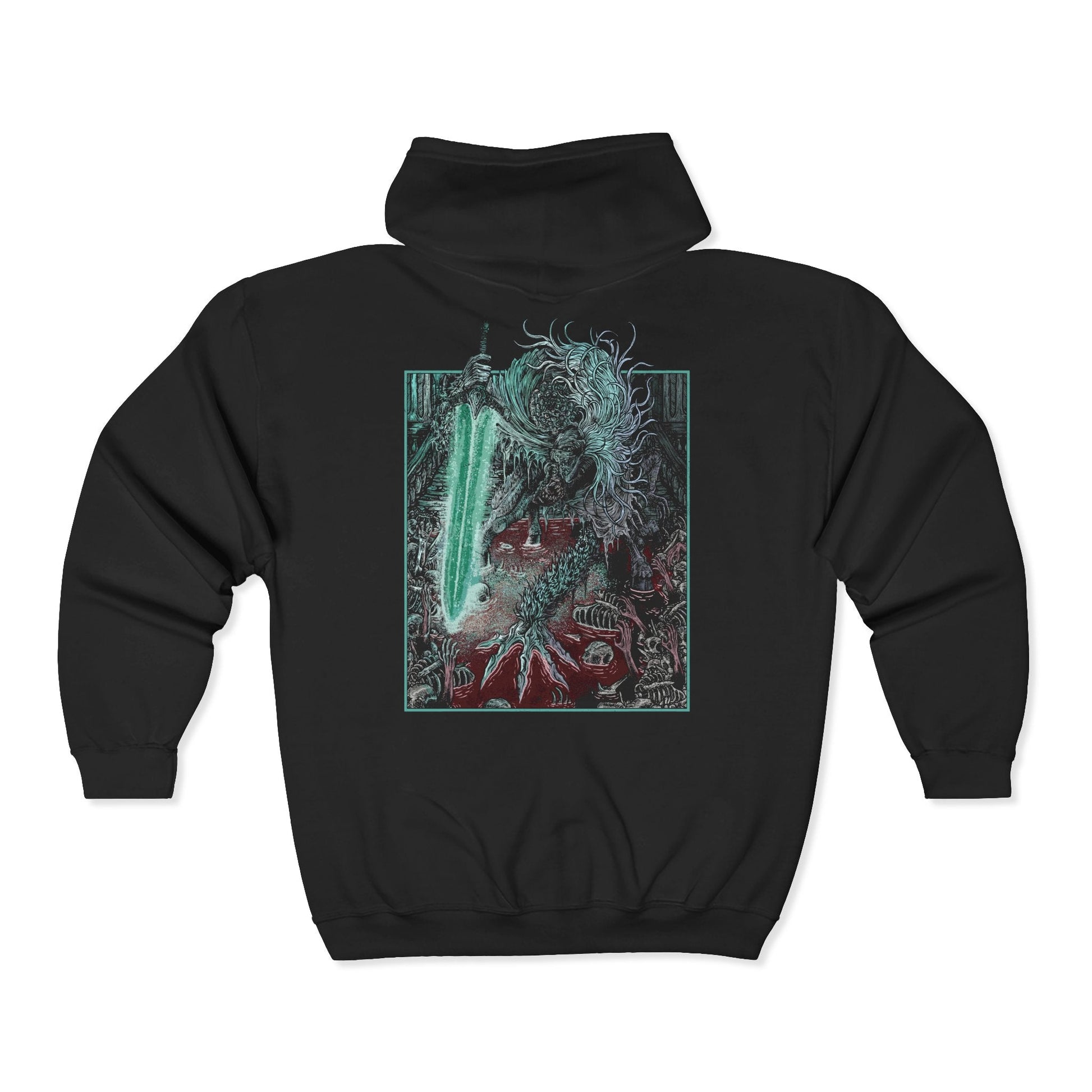 Folded Zip-up Hooded Sweatshirt featuring Ludwig the Accursed from Bloodborne, the first Hunter of the Church who fell into madness. Once a noble wielder of the Holy Moonlight Sword, Ludwig became a beast of unspeakable horror, torn between his humanity and his bloodlust. This design captures his tragic duality—both knight and nightmare beneath the pale moon.