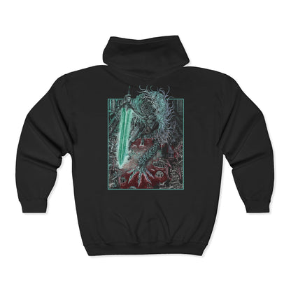Folded Zip-up Hooded Sweatshirt featuring Ludwig the Accursed from Bloodborne, the first Hunter of the Church who fell into madness. Once a noble wielder of the Holy Moonlight Sword, Ludwig became a beast of unspeakable horror, torn between his humanity and his bloodlust. This design captures his tragic duality—both knight and nightmare beneath the pale moon.