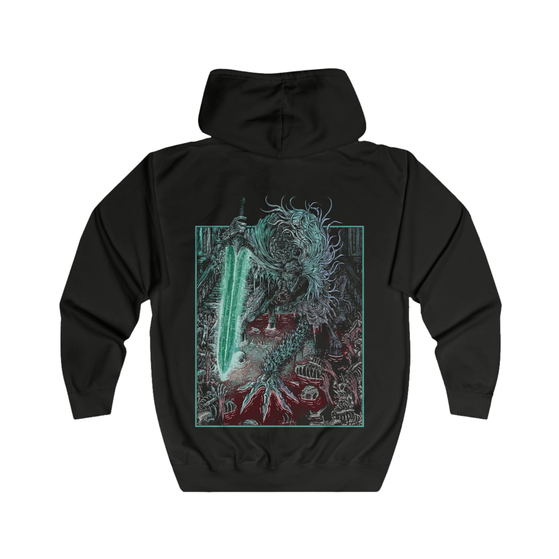 Folded Zip-up Hooded Sweatshirt featuring Ludwig the Accursed from Bloodborne, the first Hunter of the Church who fell into madness. Once a noble wielder of the Holy Moonlight Sword, Ludwig became a beast of unspeakable horror, torn between his humanity and his bloodlust. This design captures his tragic duality—both knight and nightmare beneath the pale moon.