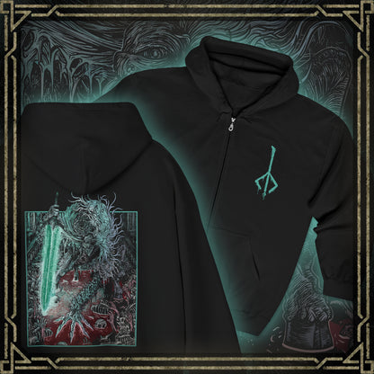 Thumbnail of a Zip-up Hooded Sweatshirt featuring Ludwig the Accursed from Bloodborne, the first Hunter of the Church who fell into madness. Once a noble wielder of the Holy Moonlight Sword, Ludwig became a beast of unspeakable horror, torn between his humanity and his bloodlust. This design captures his tragic duality—both knight and nightmare beneath the pale moon.