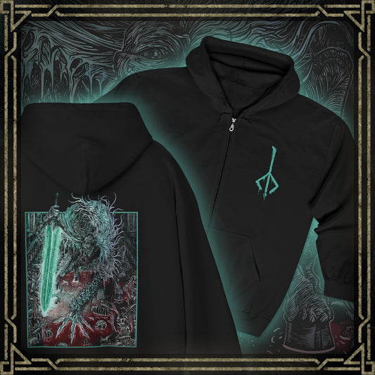 Thumbnail of a Zip-up Hooded Sweatshirt featuring Ludwig the Accursed from Bloodborne, the first Hunter of the Church who fell into madness. Once a noble wielder of the Holy Moonlight Sword, Ludwig became a beast of unspeakable horror, torn between his humanity and his bloodlust. This design captures his tragic duality—both knight and nightmare beneath the pale moon.