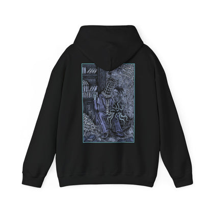 Image 5 of a Hooded Sweatshirt featuring Micolash, Host of the Nightmare from Bloodborne, the deranged scholar and leader of the School of Mensis. Trapped within the maddening dreamscape of the Nightmare of Mensis, Micolash roams its labyrinthine halls, muttering cryptic ramblings as he seeks communion with the Great Ones. Wearing his iconic cage-like helm, he embodies the twisted pursuit of cosmic knowledge at the cost of sanity. A must-have for fans of Bloodborne’s eldritch lore.