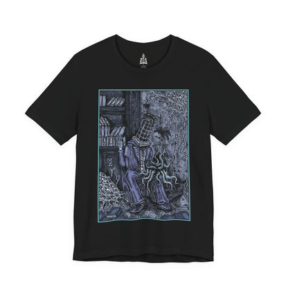Image 4 of a T-shirt featuring Micolash, Host of the Nightmare, from Bloodborne in a grim design, highlighting his haunting appearance and eerie cage helm, perfect for fans who delve into the twisted dreams and chilling lore of Yharnam.