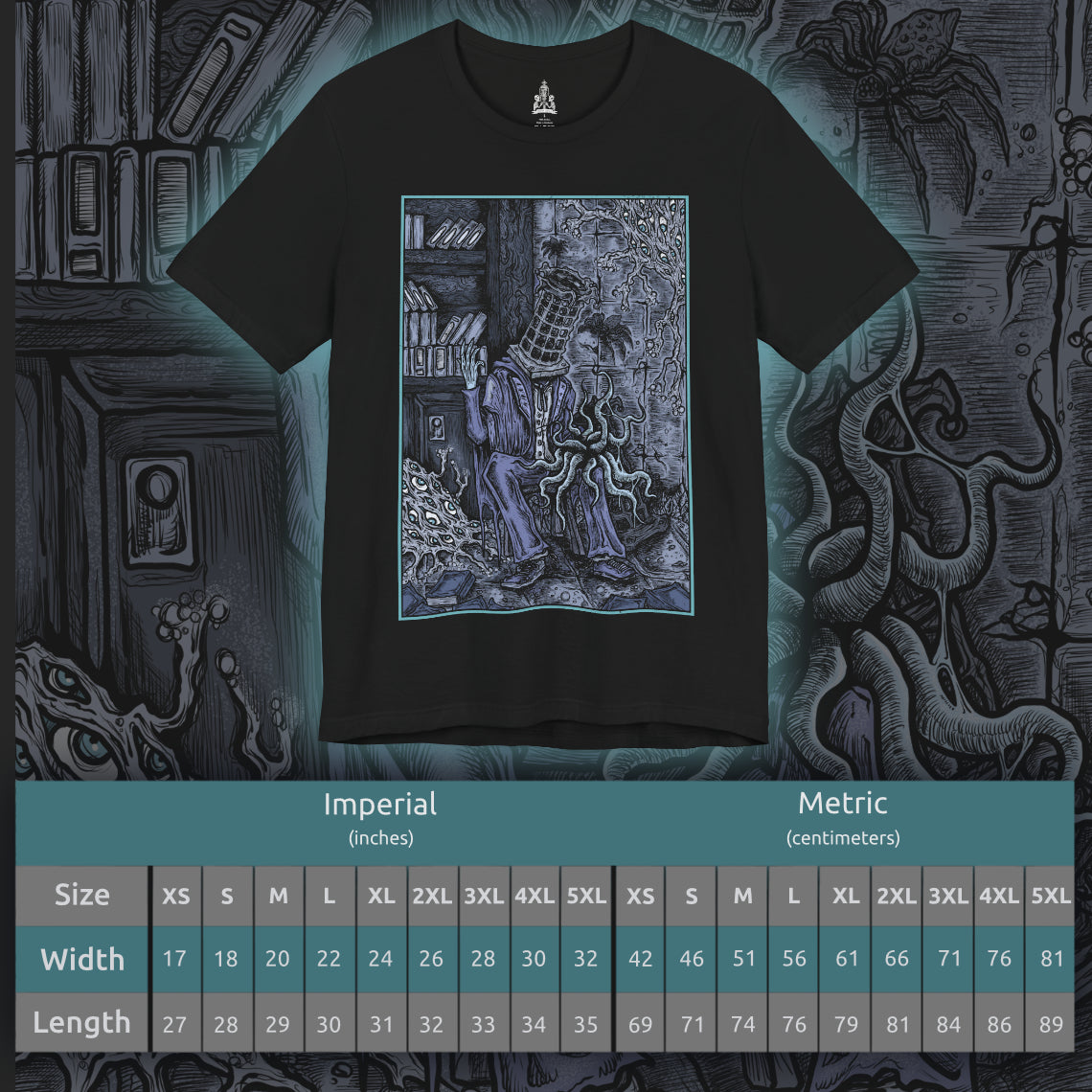 Size chart of a T-shirt featuring Micolash, Host of the Nightmare, from Bloodborne in a grim design, highlighting his haunting appearance and eerie cage helm, perfect for fans who delve into the twisted dreams and chilling lore of Yharnam.