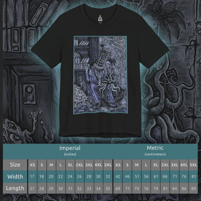 Size chart of a T-shirt featuring Micolash, Host of the Nightmare, from Bloodborne in a grim design, highlighting his haunting appearance and eerie cage helm, perfect for fans who delve into the twisted dreams and chilling lore of Yharnam.