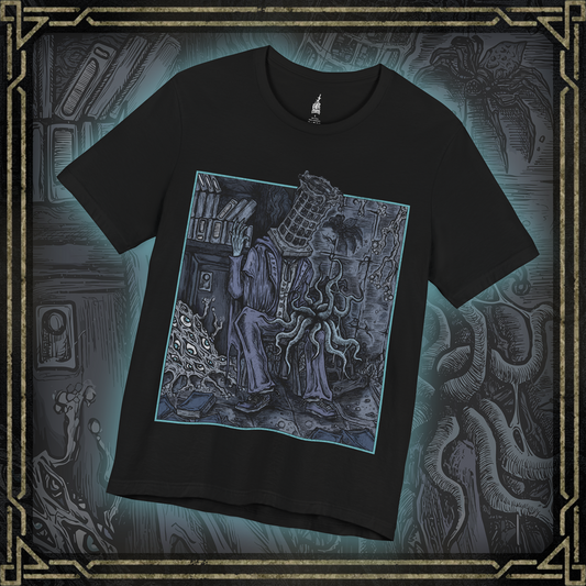 Thumbnail of a T-shirt featuring Micolash, Host of the Nightmare, from Bloodborne in a grim design, highlighting his haunting appearance and eerie cage helm, perfect for fans who delve into the twisted dreams and chilling lore of Yharnam.