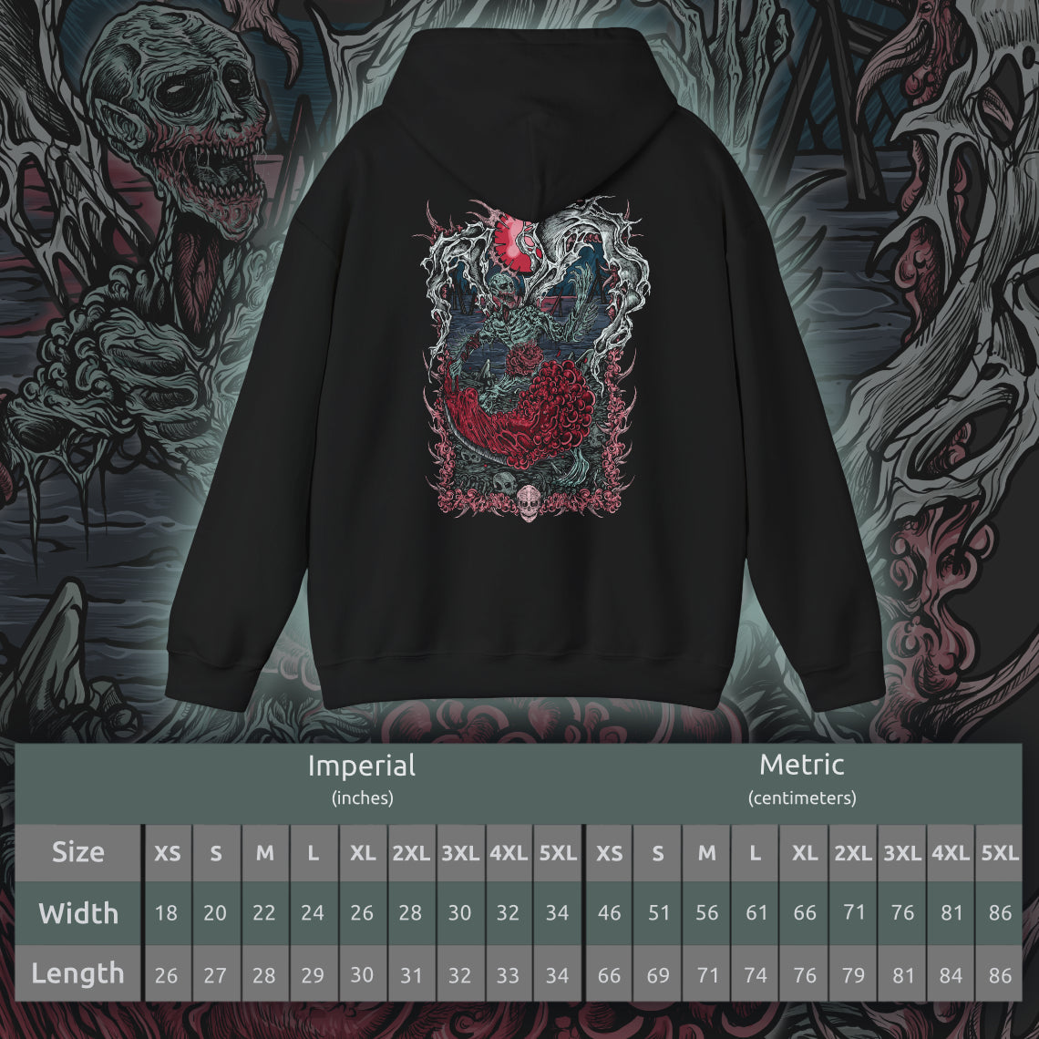 Size chart of a Hooded Sweatshirt featuring the Orphan of Kos from Bloodborne, the anguished spawn of the Great One Kos and final guardian of the Hunter’s Nightmare. Screaming with primal rage, this emaciated, grotesque figure wields its own umbilical weapon in a relentless, grief-fueled assault. Born from cosmic tragedy and human sin, the Orphan embodies the sorrow and fury of a forsaken child of the void. This design captures the emotional weight of one of Bloodborne’s most haunting encounters.