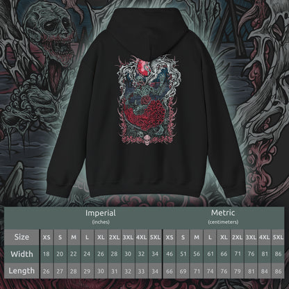 Size chart of a Hooded Sweatshirt featuring the Orphan of Kos from Bloodborne, the anguished spawn of the Great One Kos and final guardian of the Hunter’s Nightmare. Screaming with primal rage, this emaciated, grotesque figure wields its own umbilical weapon in a relentless, grief-fueled assault. Born from cosmic tragedy and human sin, the Orphan embodies the sorrow and fury of a forsaken child of the void. This design captures the emotional weight of one of Bloodborne’s most haunting encounters.