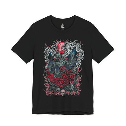 Image 4 of a T-shirt featuring the Orphan of Kos from Bloodborne, the tragic and furious final boss of the Old Hunters DLC. Born from the corpse of the Great One Kos, this screeching, emaciated figure lashes out in primal rage, wielding its own placenta as a grotesque weapon. A symbol of grief, vengeance, and the horrors of cosmic meddling, the Orphan delivers one of the most intense and emotional battles in the game. A must-have for fans of Bloodborne’s brutal lore and unforgettable endings.