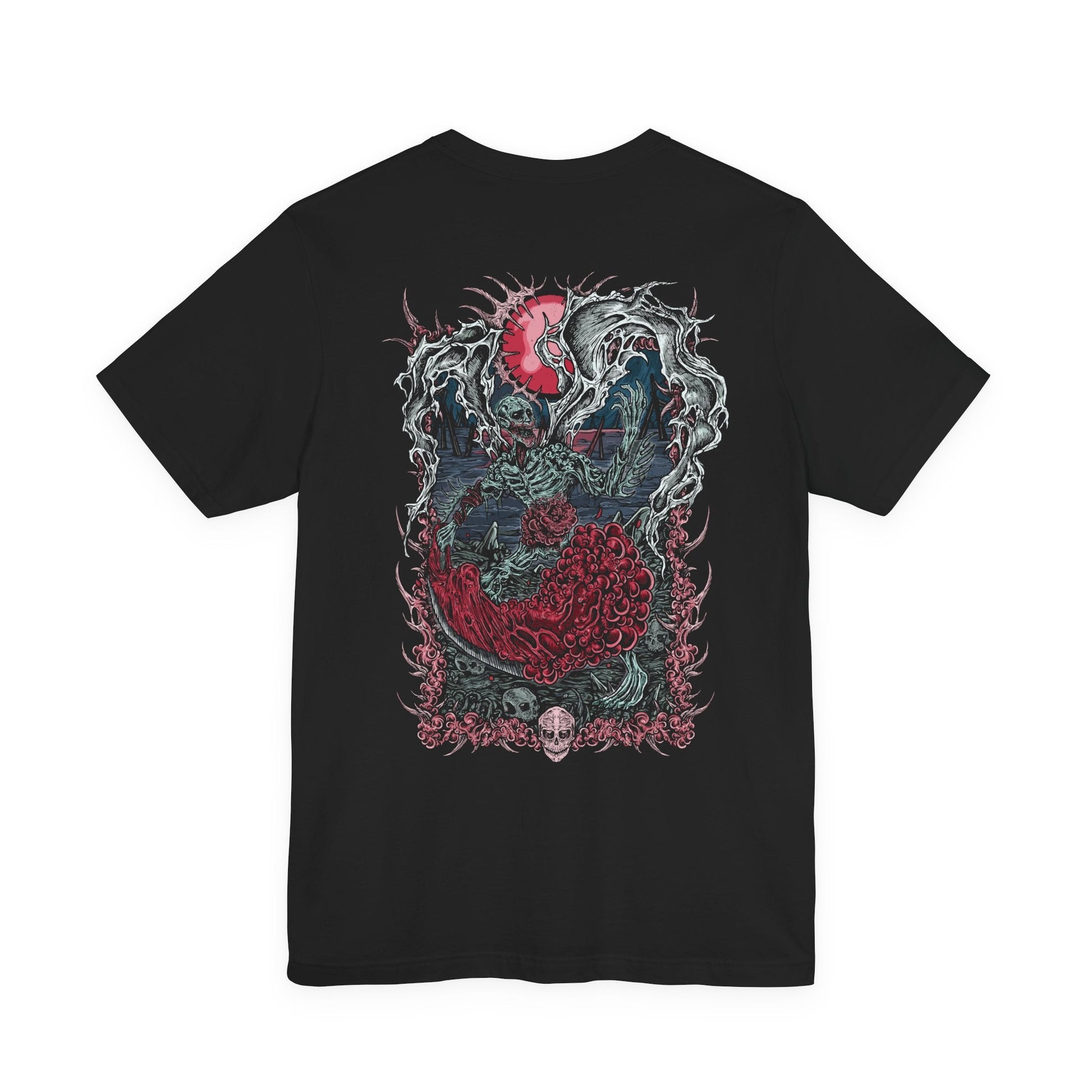 Image 4 of a T-shirt featuring the Orphan of Kos from Bloodborne, the vengeful child of the Great One slain by the hunters of Byrgenwerth. Born in agony on the corpse of its mother, the Orphan wields its own placenta as a weapon, shrieking in primal rage. This design captures the raw, tragic violence of the final Hunter’s Nightmare boss.