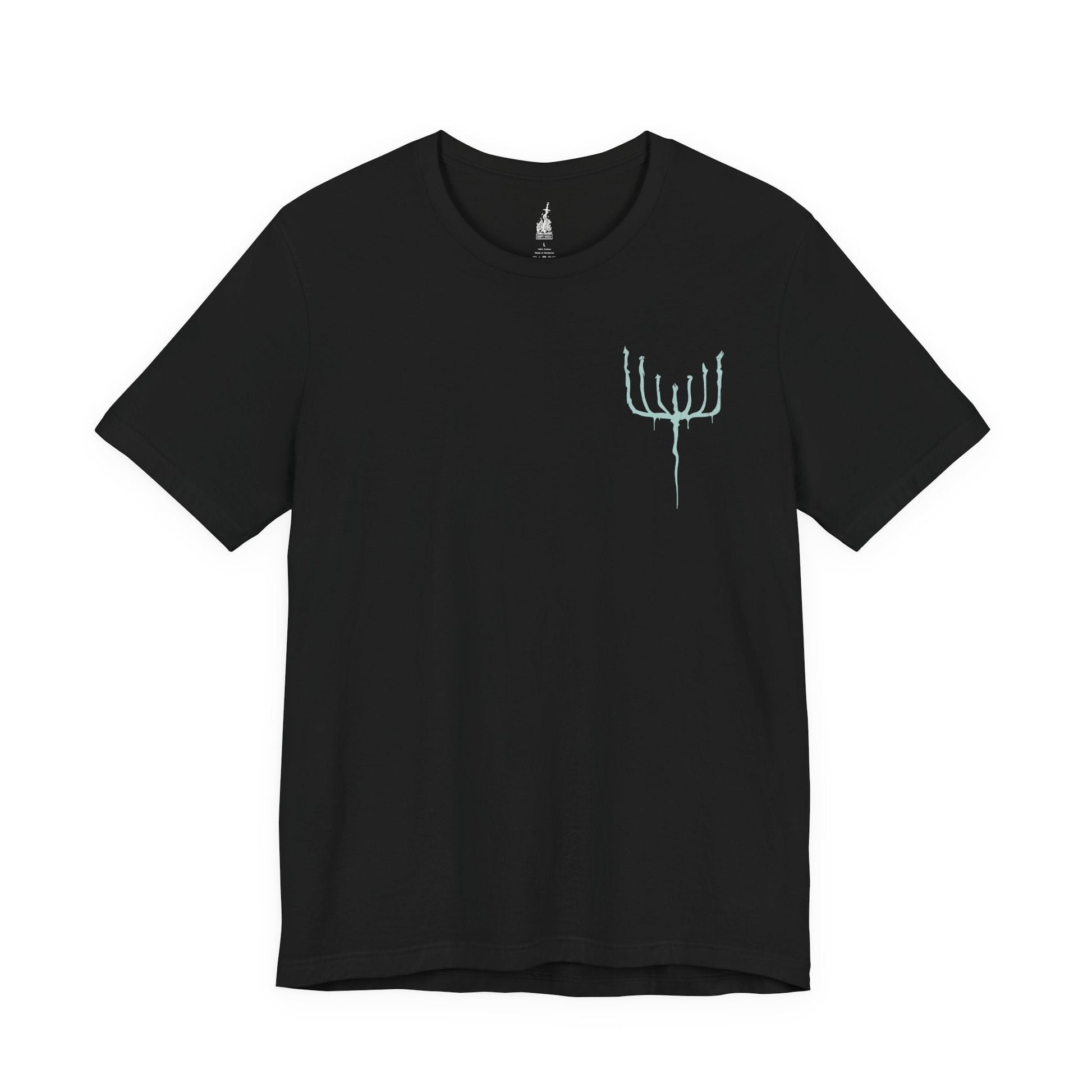 Image 3 of a Black T-shirt featuring the Orphan of Kos from Bloodborne, the vengeful child of the Great One slain by the hunters of Byrgenwerth. Born in agony on the corpse of its mother, the Orphan wields its own placenta as a weapon, shrieking in primal rage. This design captures the raw, tragic violence of the final Hunter’s Nightmare boss.