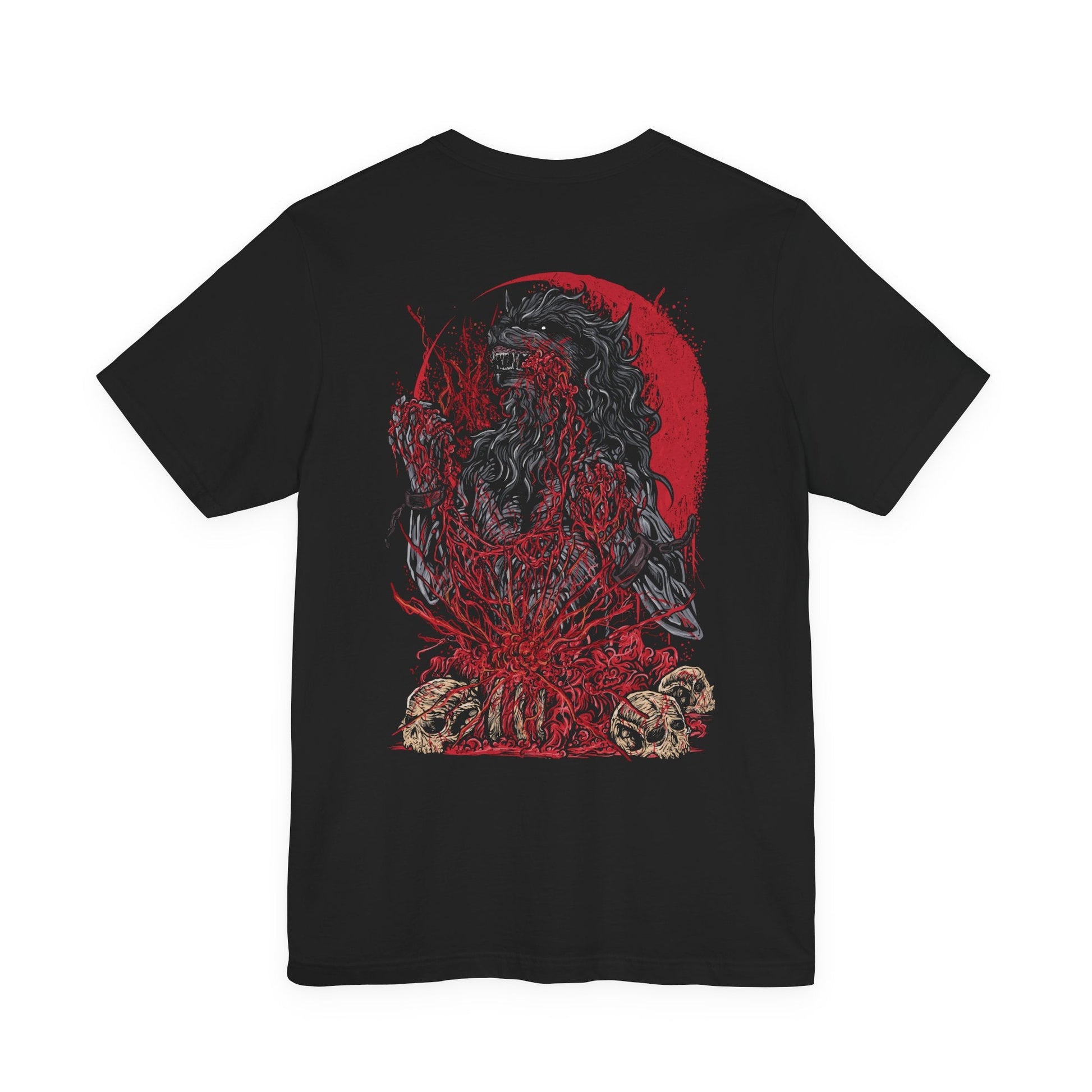 Image 4 of a T-shirt featuring the Scourge Beast from Bloodborne, a feral creature transformed by the cursed scourge that plagues Yharnam. Covered in bloodied fur and twisted claws, this beast embodies the horrific consequences of the hunt’s bloodlust. This design captures the terrifying blend of man and monster stalking the city’s dark streets.