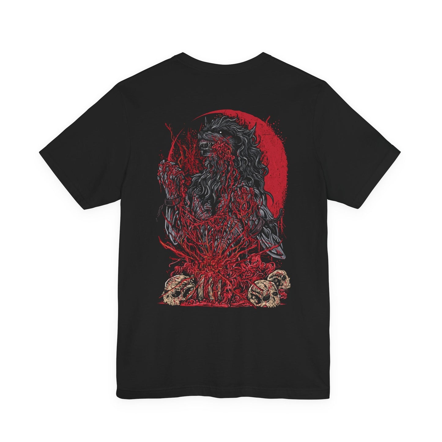 Image 5 of a T-shirt featuring the Scourge Beast from Bloodborne, a feral creature transformed by the cursed scourge that plagues Yharnam. Covered in bloodied fur and twisted claws, this beast embodies the horrific consequences of the hunt’s bloodlust. This design captures the terrifying blend of man and monster stalking the city’s dark streets.