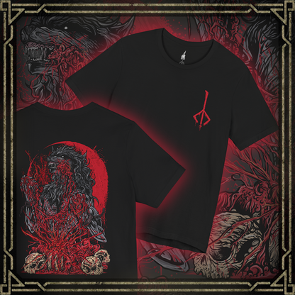 Thumbnail of a T-shirt featuring the Scourge Beast from Bloodborne, a feral creature transformed by the cursed scourge that plagues Yharnam. Covered in bloodied fur and twisted claws, this beast embodies the horrific consequences of the hunt’s bloodlust. This design captures the terrifying blend of man and monster stalking the city’s dark streets.