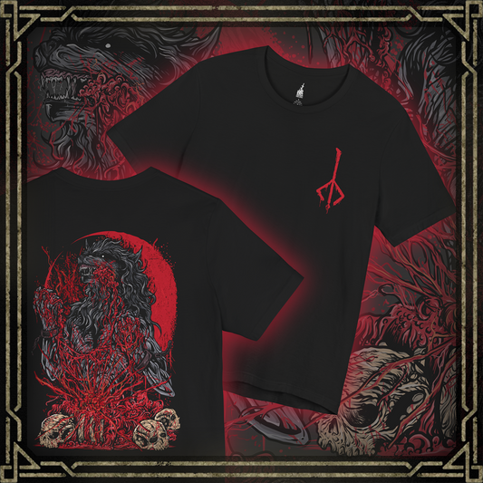 Thumbnail of a T-shirt featuring the Scourge Beast from Bloodborne, a feral creature transformed by the cursed scourge that plagues Yharnam. Covered in bloodied fur and twisted claws, this beast embodies the horrific consequences of the hunt’s bloodlust. This design captures the terrifying blend of man and monster stalking the city’s dark streets.
