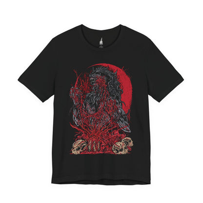 Image 3 of a Black T-shirt featuring the Scourge Beast from Bloodborne, a feral creature transformed by the cursed scourge that plagues Yharnam. Covered in bloodied fur and twisted claws, this beast embodies the horrific consequences of the hunt’s bloodlust. This design captures the terrifying blend of man and monster stalking the city’s dark streets.