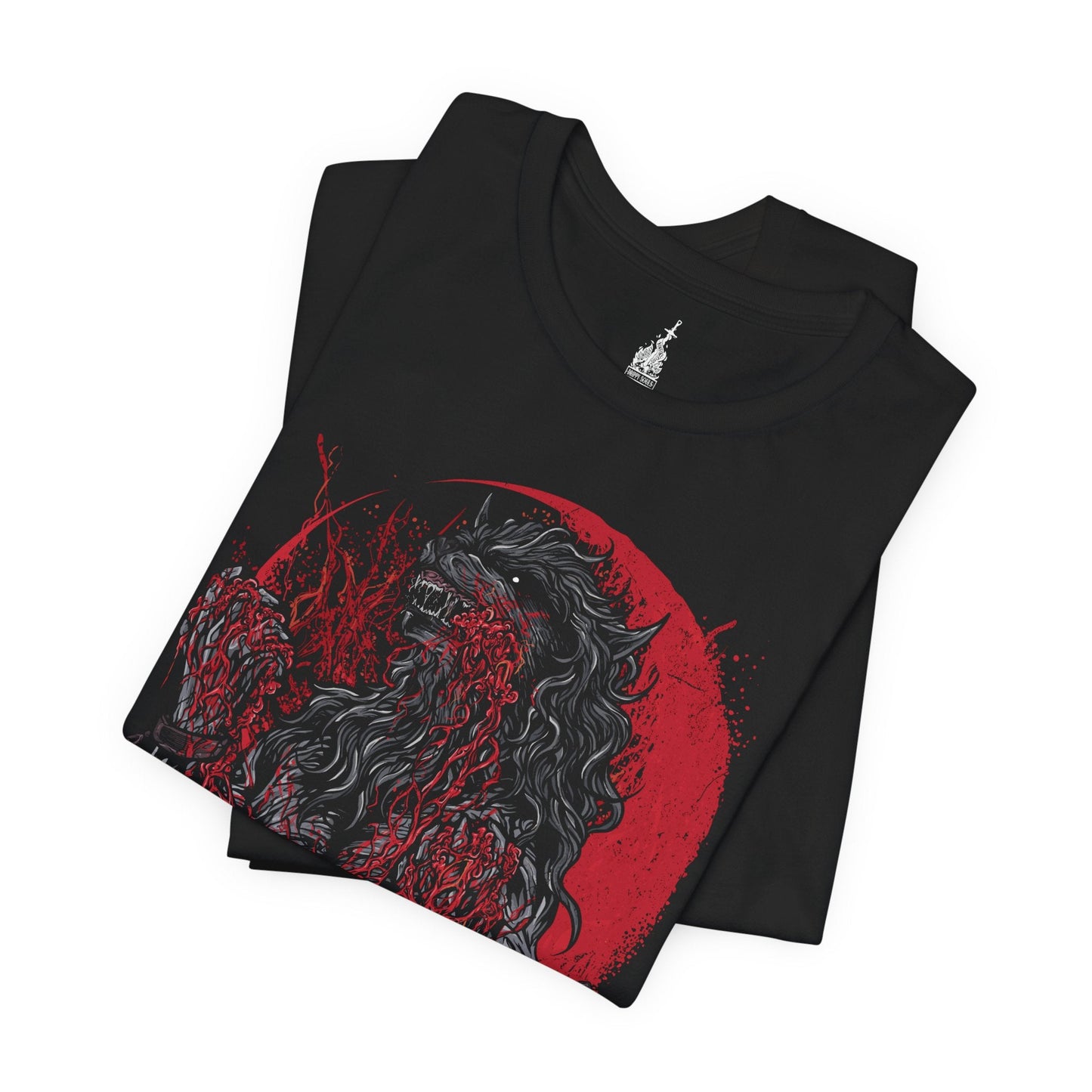 Folded T-shirt featuring the Scourge Beast from Bloodborne, a feral creature transformed by the cursed scourge that plagues Yharnam. Covered in bloodied fur and twisted claws, this beast embodies the horrific consequences of the hunt’s bloodlust. This design captures the terrifying blend of man and monster stalking the city’s dark streets.