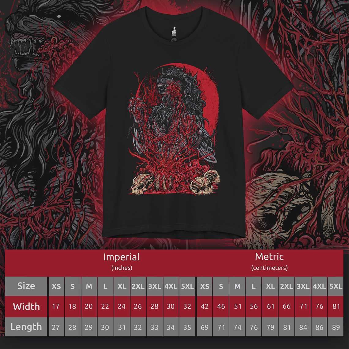 Size chart of a T-shirt featuring the Scourge Beast from Bloodborne, a feral creature transformed by the cursed scourge that plagues Yharnam. Covered in bloodied fur and twisted claws, this beast embodies the horrific consequences of the hunt’s bloodlust. This design captures the terrifying blend of man and monster stalking the city’s dark streets.
