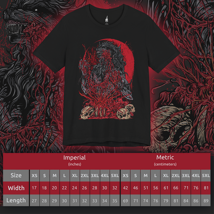 Size chart of a T-shirt featuring the Scourge Beast from Bloodborne, a feral creature transformed by the cursed scourge that plagues Yharnam. Covered in bloodied fur and twisted claws, this beast embodies the horrific consequences of the hunt’s bloodlust. This design captures the terrifying blend of man and monster stalking the city’s dark streets.