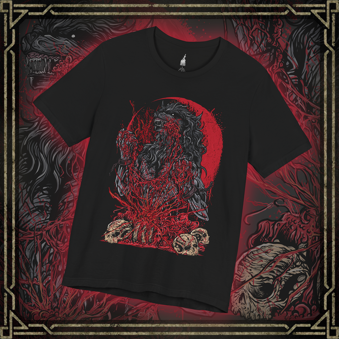 Thumbnail of a T-shirt featuring the Scourge Beast from Bloodborne, a feral creature transformed by the cursed scourge that plagues Yharnam. Covered in bloodied fur and twisted claws, this beast embodies the horrific consequences of the hunt’s bloodlust. This design captures the terrifying blend of man and monster stalking the city’s dark streets.