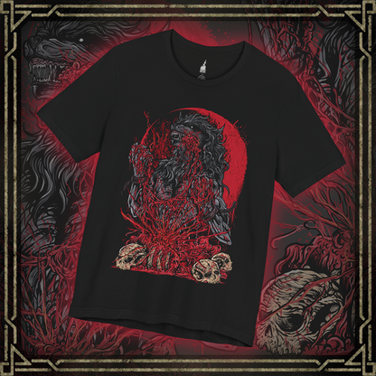 Thumbnail of a T-shirt featuring the Scourge Beast from Bloodborne, a feral creature transformed by the cursed scourge that plagues Yharnam. Covered in bloodied fur and twisted claws, this beast embodies the horrific consequences of the hunt’s bloodlust. This design captures the terrifying blend of man and monster stalking the city’s dark streets.
