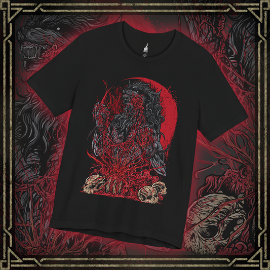 Thumbnail of a T-shirt featuring the Scourge Beast from Bloodborne, a feral creature transformed by the cursed scourge that plagues Yharnam. Covered in bloodied fur and twisted claws, this beast embodies the horrific consequences of the hunt’s bloodlust. This design captures the terrifying blend of man and monster stalking the city’s dark streets.