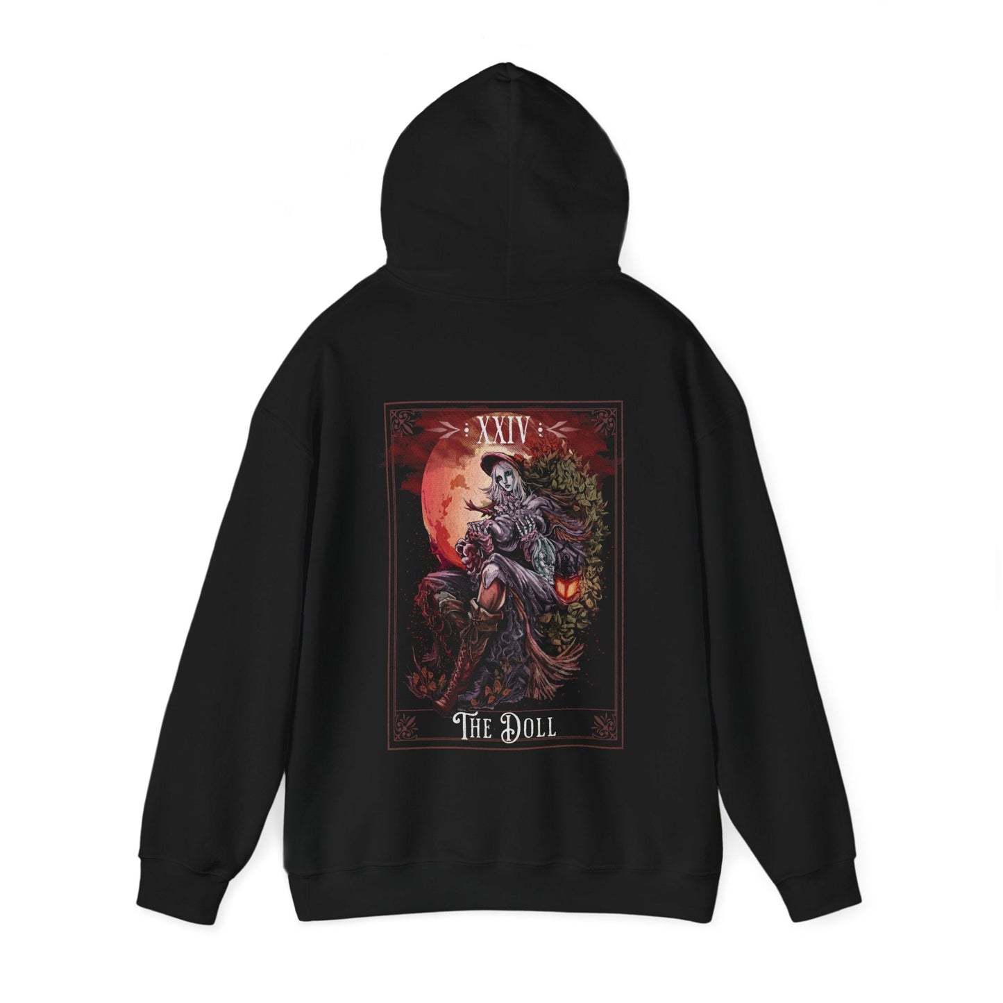 Image number 4 of a Hooded Sweatshirt featuring The Doll from Bloodborne, set in the serene yet eerie Hunter's Dream, perfect for fans who connect with her calm, ethereal presence and guiding role in the haunting world of Bloodborne.