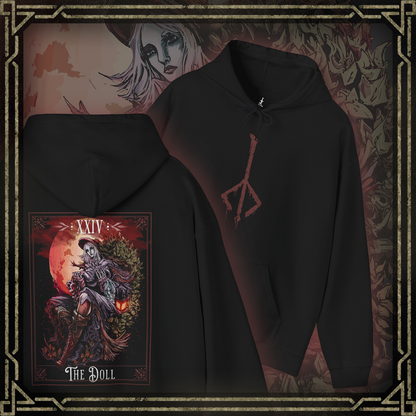 Thumbnail of a Hooded Sweatshirt featuring The Doll from Bloodborne, set in the serene yet eerie Hunter's Dream, perfect for fans who connect with her calm, ethereal presence and guiding role in the haunting world of Bloodborne.