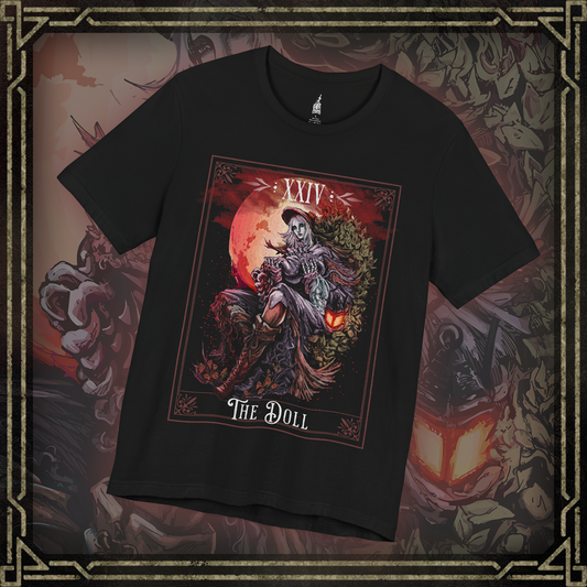 Thumbnail of a T-shirt featuring The Doll from Bloodborne, set in the serene yet eerie Hunter's Dream, perfect for fans who connect with her calm, ethereal presence and guiding role in the haunting world of Bloodborne.