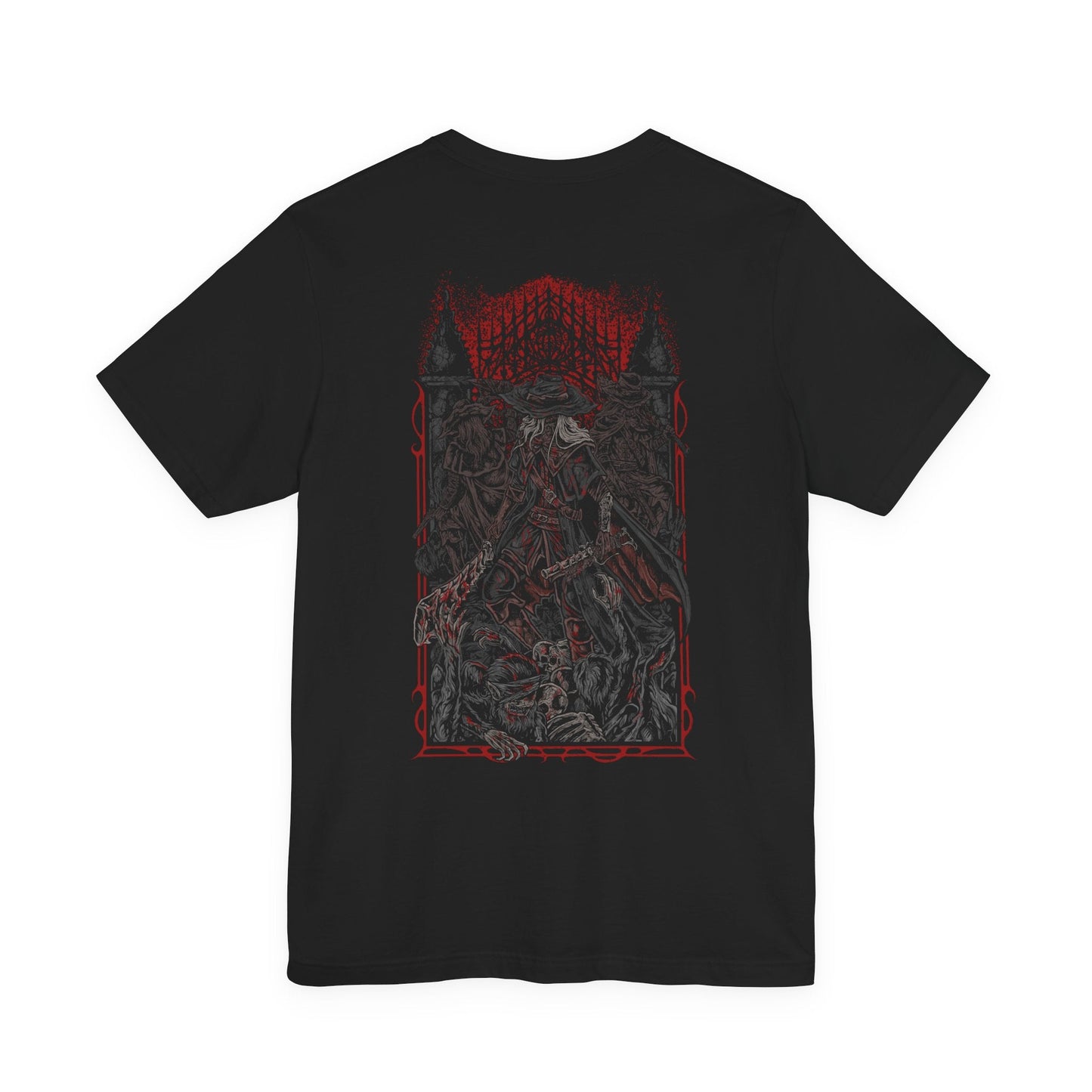 Image 5 of a T-shirt showcasing the First Old Hunters of Bloodborne, those who hunted the earliest beasts born of blood ministration. Hardened by endless night, they fought with unmatched ferocity, shaping the violent traditions carried on by later hunters. This artwork embodies their cursed legacy and their descent into madness beneath the moonlight.