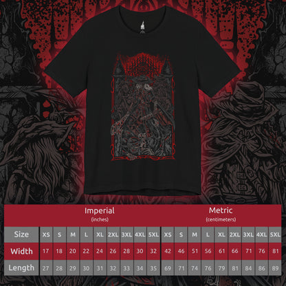 Size chart of a T-shirt showcasing the First Old Hunters of Bloodborne, those who hunted the earliest beasts born of blood ministration. Hardened by endless night, they fought with unmatched ferocity, shaping the violent traditions carried on by later hunters. This artwork embodies their cursed legacy and their descent into madness beneath the moonlight.