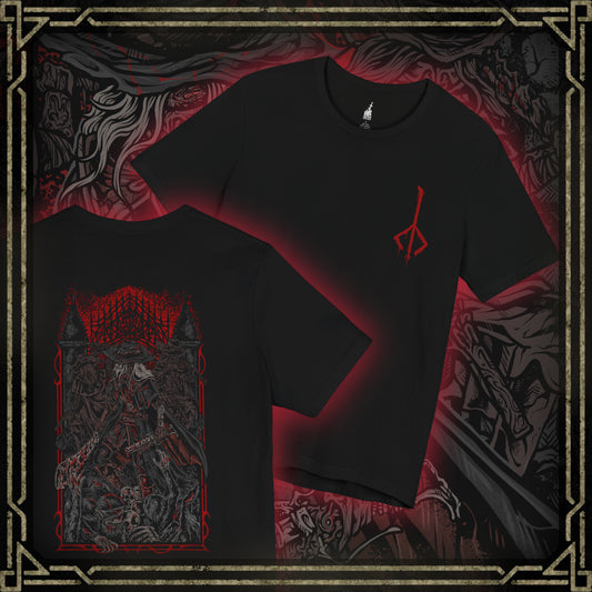 Thumbnail of a T-shirt showcasing the First Old Hunters of Bloodborne, those who hunted the earliest beasts born of blood ministration. Hardened by endless night, they fought with unmatched ferocity, shaping the violent traditions carried on by later hunters. This artwork embodies their cursed legacy and their descent into madness beneath the moonlight.