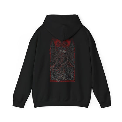 Image 5 of a Bloodborne Hooded Sweatshirt featuring the Old Hunters, the originators of the Hunt who fought the scourge when the nightmare first took hold. Their weapons and courage shaped Yharnam’s bloody history, yet their fates reveal the heavy toll of the beast plague. This design honors the primal age of hunters and their tragic legacy.