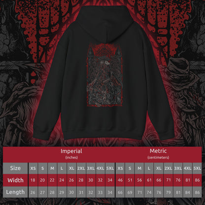 Size chart of a Bloodborne Hooded Sweatshirt featuring the Old Hunters, the originators of the Hunt who fought the scourge when the nightmare first took hold. Their weapons and courage shaped Yharnam’s bloody history, yet their fates reveal the heavy toll of the beast plague. This design honors the primal age of hunters and their tragic legacy.