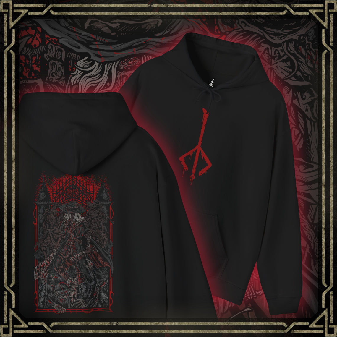 Thumbnail of a Bloodborne Hooded Sweatshirt featuring the Old Hunters, the originators of the Hunt who fought the scourge when the nightmare first took hold. Their weapons and courage shaped Yharnam’s bloody history, yet their fates reveal the heavy toll of the beast plague. This design honors the primal age of hunters and their tragic legacy.