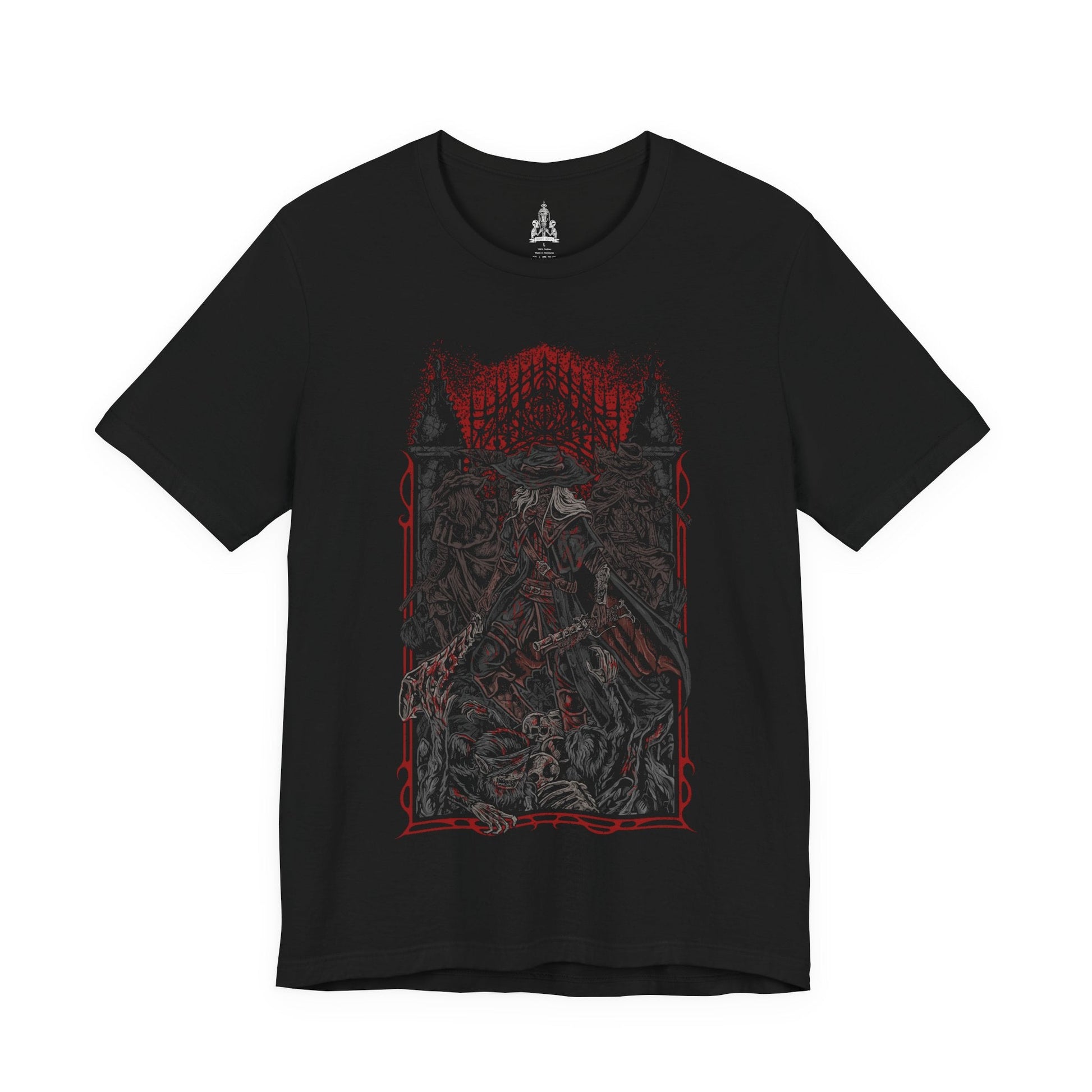 Image 4 of a T-shirt featuring the First Old Hunters from Bloodborne, the legendary pioneers of the Hunt who faced the beasts before the Healing Church refined its craft. Bound by blood and tragedy, these hunters carved their legacy in Yharnam with saws, blades, and trick weapons. This design captures the grim brotherhood who became both heroes and victims of the scourge.