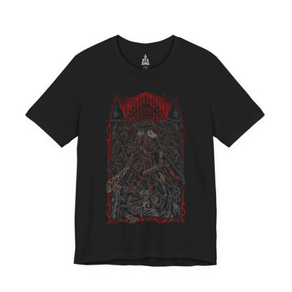 Image 4 of a T-shirt featuring the First Old Hunters from Bloodborne, the legendary pioneers of the Hunt who faced the beasts before the Healing Church refined its craft. Bound by blood and tragedy, these hunters carved their legacy in Yharnam with saws, blades, and trick weapons. This design captures the grim brotherhood who became both heroes and victims of the scourge.