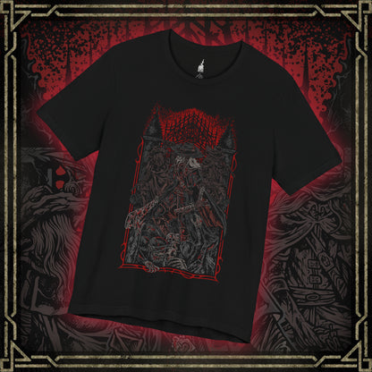 Thumbnail of a T-shirt featuring the First Old Hunters from Bloodborne, the legendary pioneers of the Hunt who faced the beasts before the Healing Church refined its craft. Bound by blood and tragedy, these hunters carved their legacy in Yharnam with saws, blades, and trick weapons. This design captures the grim brotherhood who became both heroes and victims of the scourge.