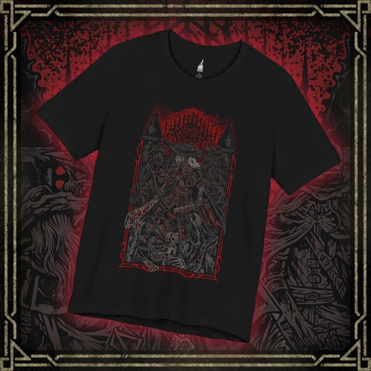Thumbnail of a T-shirt featuring the First Old Hunters from Bloodborne, the legendary pioneers of the Hunt who faced the beasts before the Healing Church refined its craft. Bound by blood and tragedy, these hunters carved their legacy in Yharnam with saws, blades, and trick weapons. This design captures the grim brotherhood who became both heroes and victims of the scourge.
