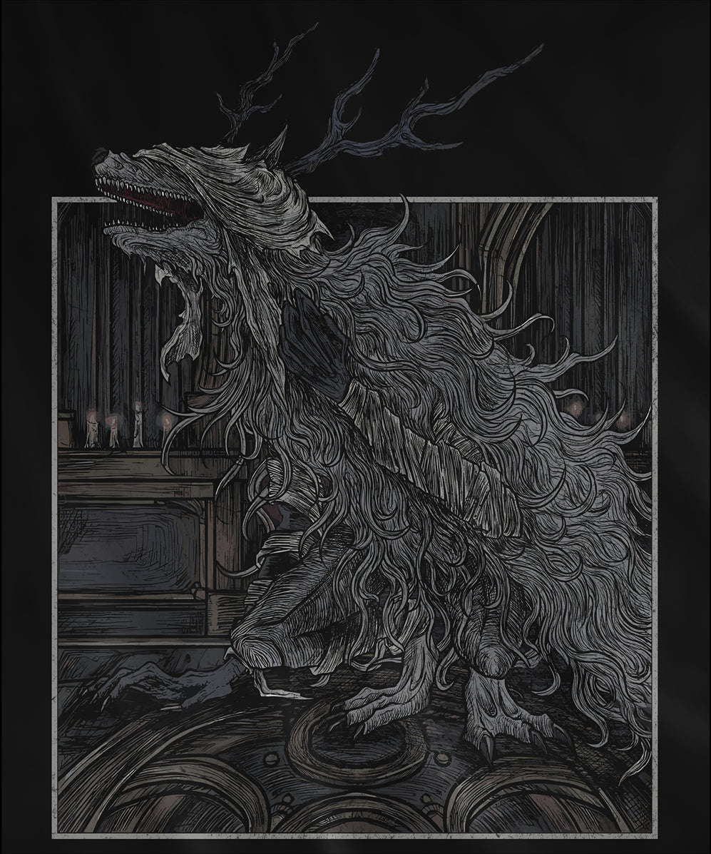 Design used for a Hooded Sweatshirt featuring Vicar Amelia from Bloodborne in a grim design, showcasing her haunting transformation and beastly form, perfect for fans captivated by the chilling atmosphere and lore of Yharnam's twisted clergy.