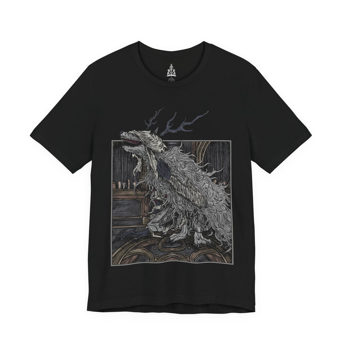 Image 4 of a T-shirt featuring Vicar Amelia from Bloodborne, the once-devout leader of the Healing Church transformed into a towering beast of fur and sinew. Clutching a sacred pendant in her grotesque paws, Amelia symbolizes the church’s descent into corruption. This design captures her dramatic shift from cleric to monster, framed in gothic horror and divine tragedy under the pale moonlight.