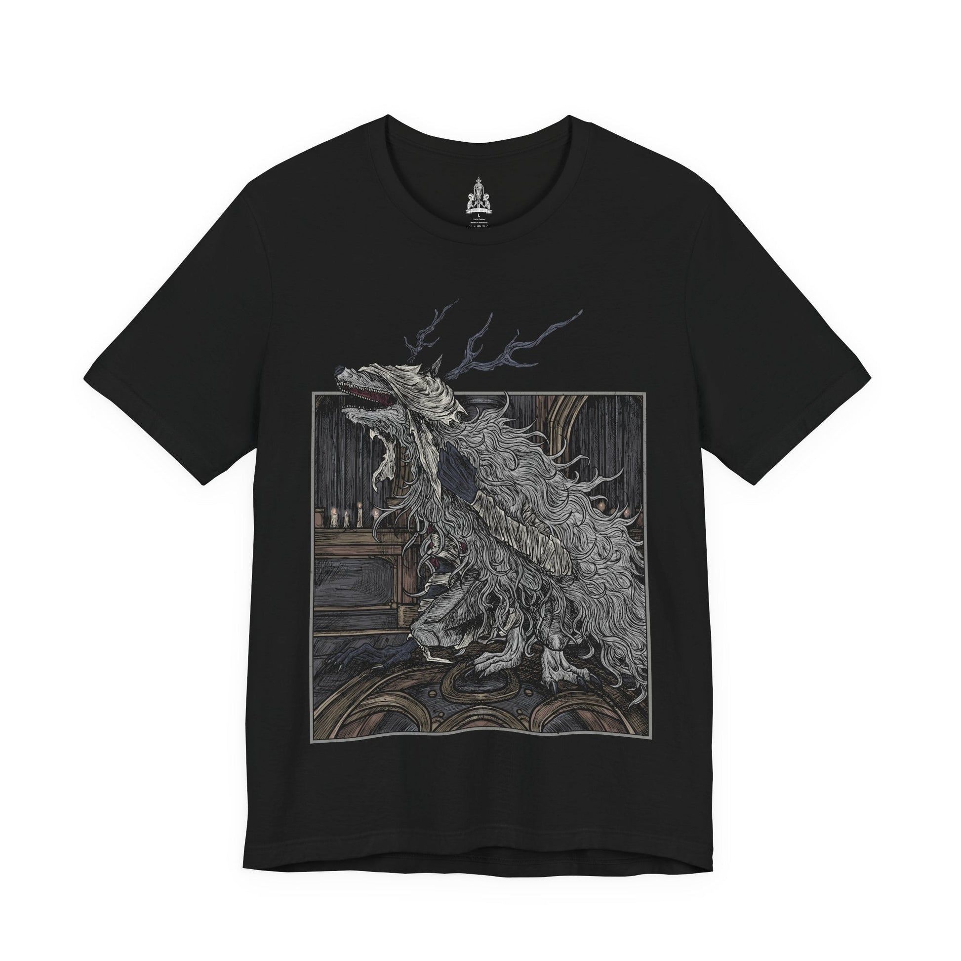 Image 4 of a T-shirt featuring Vicar Amelia from Bloodborne, the once-devout leader of the Healing Church transformed into a towering beast of fur and sinew. Clutching a sacred pendant in her grotesque paws, Amelia symbolizes the church’s descent into corruption. This design captures her dramatic shift from cleric to monster, framed in gothic horror and divine tragedy under the pale moonlight.