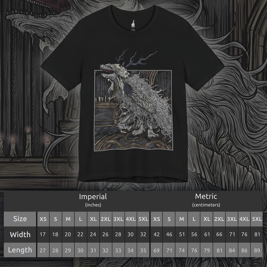 Size chart of a T-shirt featuring Vicar Amelia from Bloodborne, the once-devout leader of the Healing Church transformed into a towering beast of fur and sinew. Clutching a sacred pendant in her grotesque paws, Amelia symbolizes the church’s descent into corruption. This design captures her dramatic shift from cleric to monster, framed in gothic horror and divine tragedy under the pale moonlight.