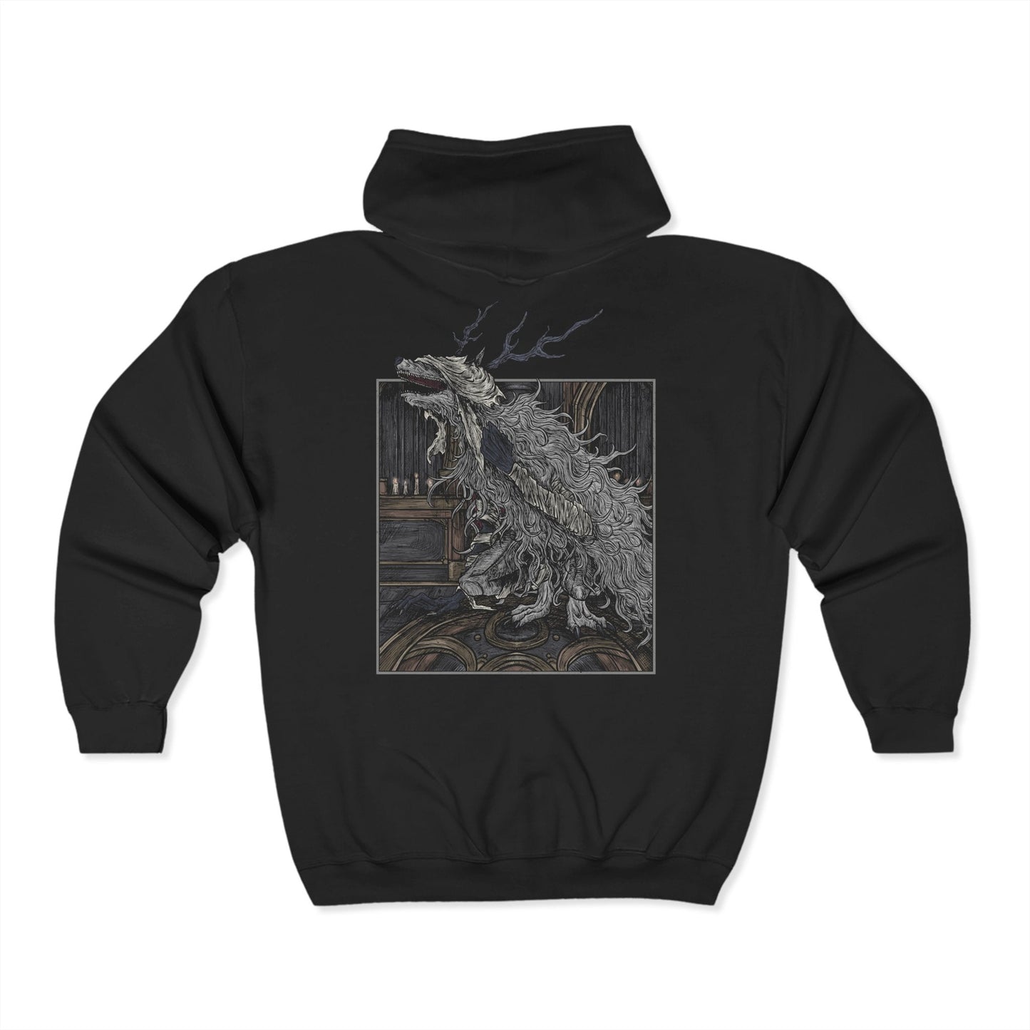 Folded Zip-up Hooded Sweatshirt featuring Vicar Amelia from Bloodborne, the towering cleric transformed into a grotesque beast. Once a devout servant of the Healing Church, Amelia’s beastly form now guards the Grand Cathedral with feral rage. This design captures her haunting, fur-covered silhouette—symbolizing the tragic fall from faith to monstrosity in Yharnam’s cursed lore.