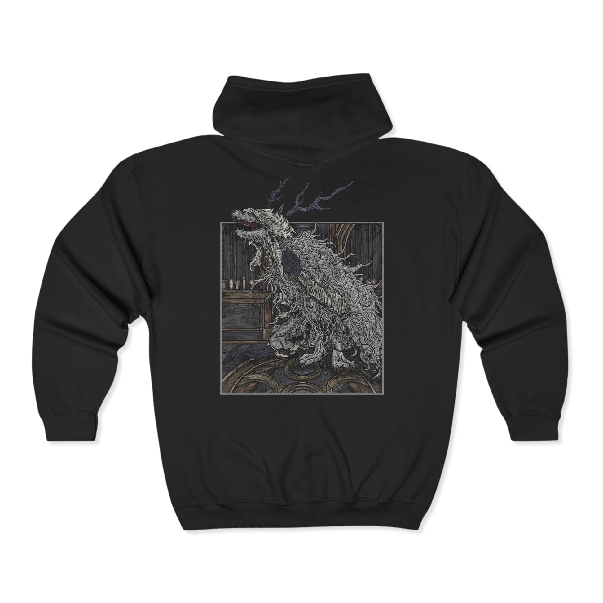 Folded Zip-up Hooded Sweatshirt featuring Vicar Amelia from Bloodborne, the towering cleric transformed into a grotesque beast. Once a devout servant of the Healing Church, Amelia’s beastly form now guards the Grand Cathedral with feral rage. This design captures her haunting, fur-covered silhouette—symbolizing the tragic fall from faith to monstrosity in Yharnam’s cursed lore.