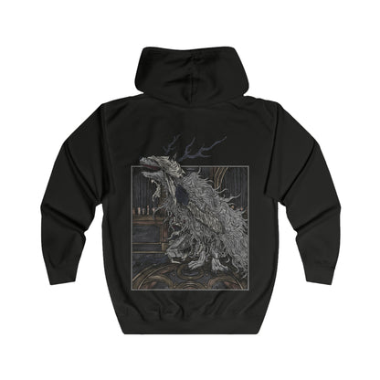 Folded Zip-up Hooded Sweatshirt featuring Vicar Amelia from Bloodborne, the towering cleric transformed into a grotesque beast. Once a devout servant of the Healing Church, Amelia’s beastly form now guards the Grand Cathedral with feral rage. This design captures her haunting, fur-covered silhouette—symbolizing the tragic fall from faith to monstrosity in Yharnam’s cursed lore.