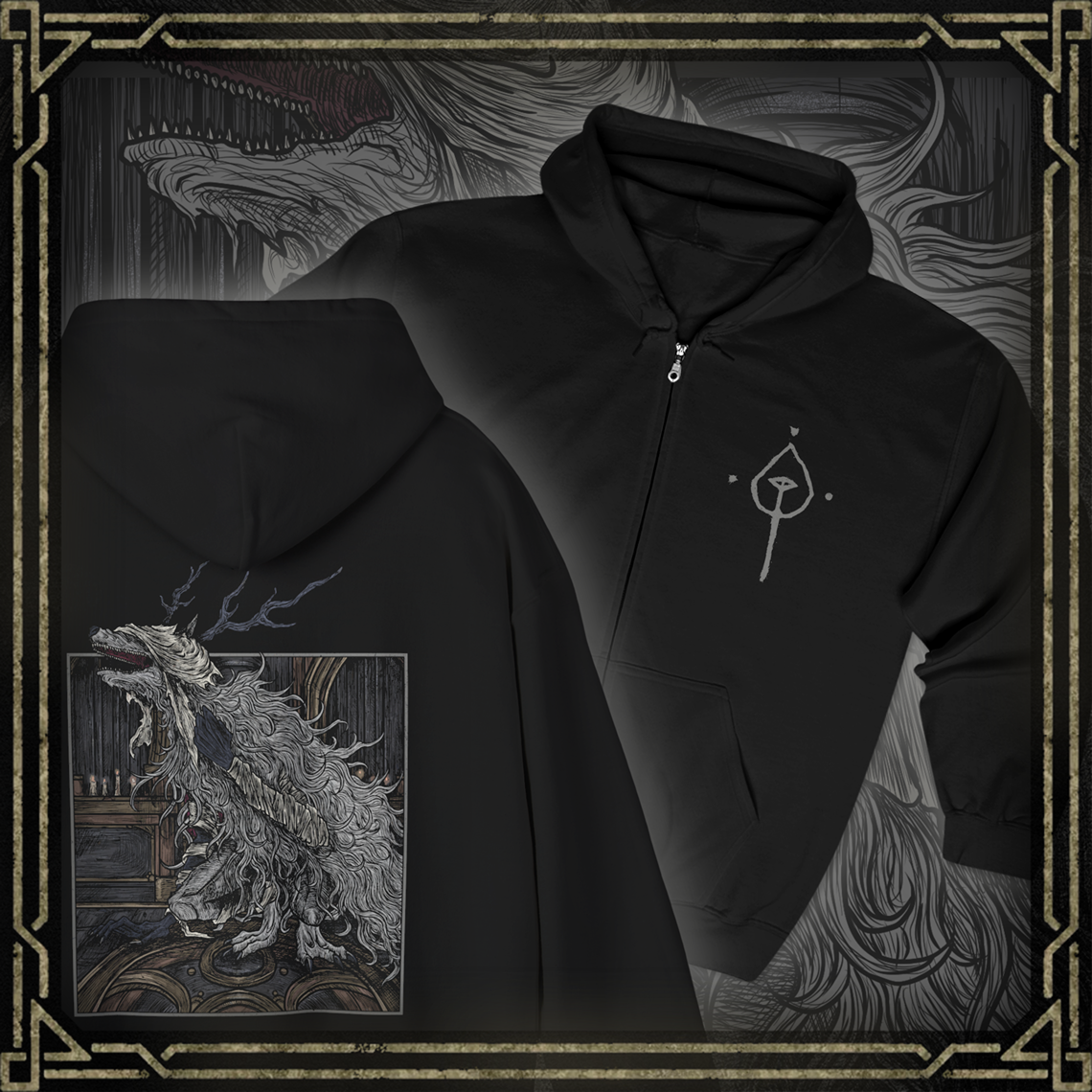 Thumbnail of a Zip-up Hooded Sweatshirt featuring Vicar Amelia from Bloodborne, the towering cleric transformed into a grotesque beast. Once a devout servant of the Healing Church, Amelia’s beastly form now guards the Grand Cathedral with feral rage. This design captures her haunting, fur-covered silhouette—symbolizing the tragic fall from faith to monstrosity in Yharnam’s cursed lore.
