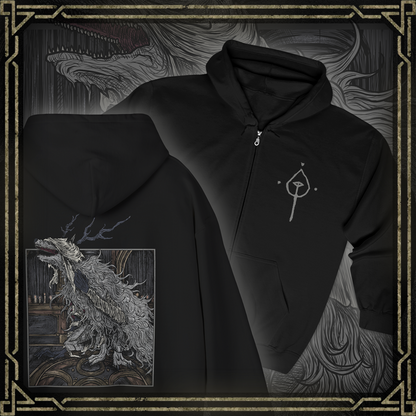 Thumbnail of a Zip-up Hooded Sweatshirt featuring Vicar Amelia from Bloodborne, the towering cleric transformed into a grotesque beast. Once a devout servant of the Healing Church, Amelia’s beastly form now guards the Grand Cathedral with feral rage. This design captures her haunting, fur-covered silhouette—symbolizing the tragic fall from faith to monstrosity in Yharnam’s cursed lore.