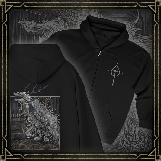Thumbnail of a Zip-up Hooded Sweatshirt featuring Vicar Amelia from Bloodborne, the towering cleric transformed into a grotesque beast. Once a devout servant of the Healing Church, Amelia’s beastly form now guards the Grand Cathedral with feral rage. This design captures her haunting, fur-covered silhouette—symbolizing the tragic fall from faith to monstrosity in Yharnam’s cursed lore.