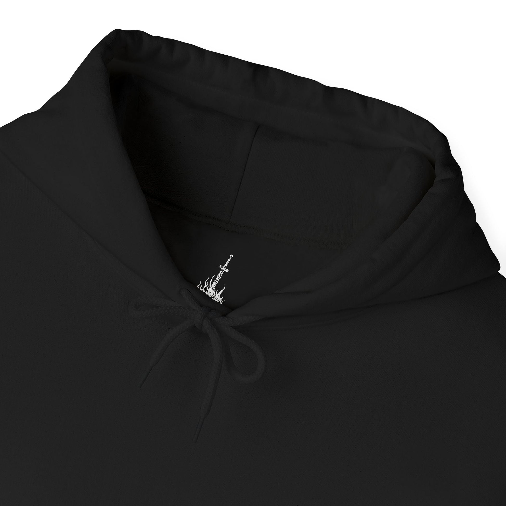 Folded Embroidered hooded sweatshirt showcasing the iconic Dark Souls Bonfire design, representing rest, resilience, and the flame's eternal cycle, perfect for fans who hold the bonfire as a symbol of hope in the dark world of Lordran.